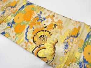 アンティーク　鼓に桧扇・草花模様織り出し丸帯（材料）